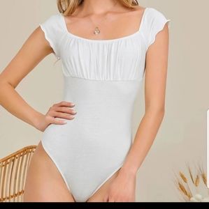 White Bodysuit, Medium, Cap Sleeves, Rouched Bust